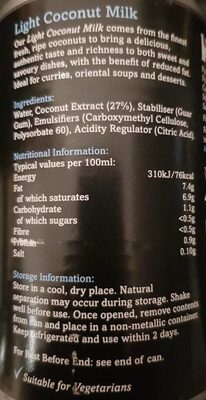 Coconut milk light - Informació nutricional - es