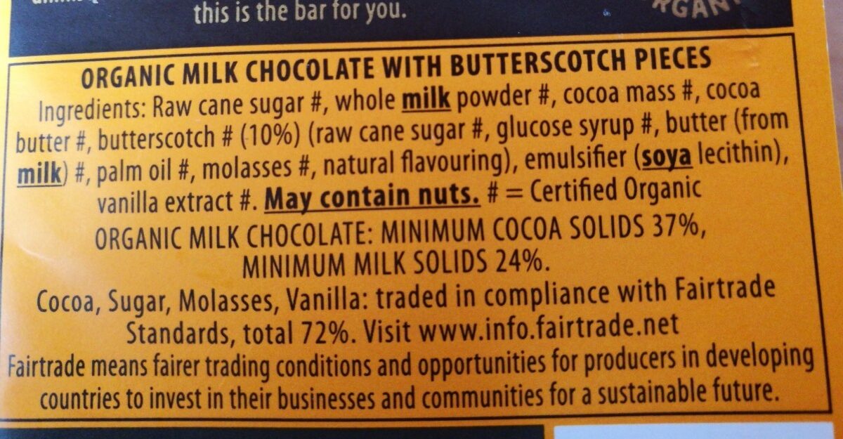 Black's Organic Butterscotch Milk Chocolate Bar - Ingredients - en