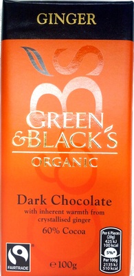 GREEN & BLACK'S ORGANIC CHOCOLATE BAR GINGER 100 GR, barcode: 5011835104042, has 0 potentially harmful, 0 questionable, and
    2 added sugar ingredients.