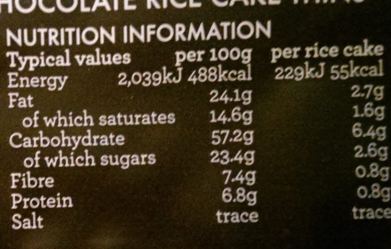 Belgian Dark Chocolate Rice Cake Thins - Nutrition facts