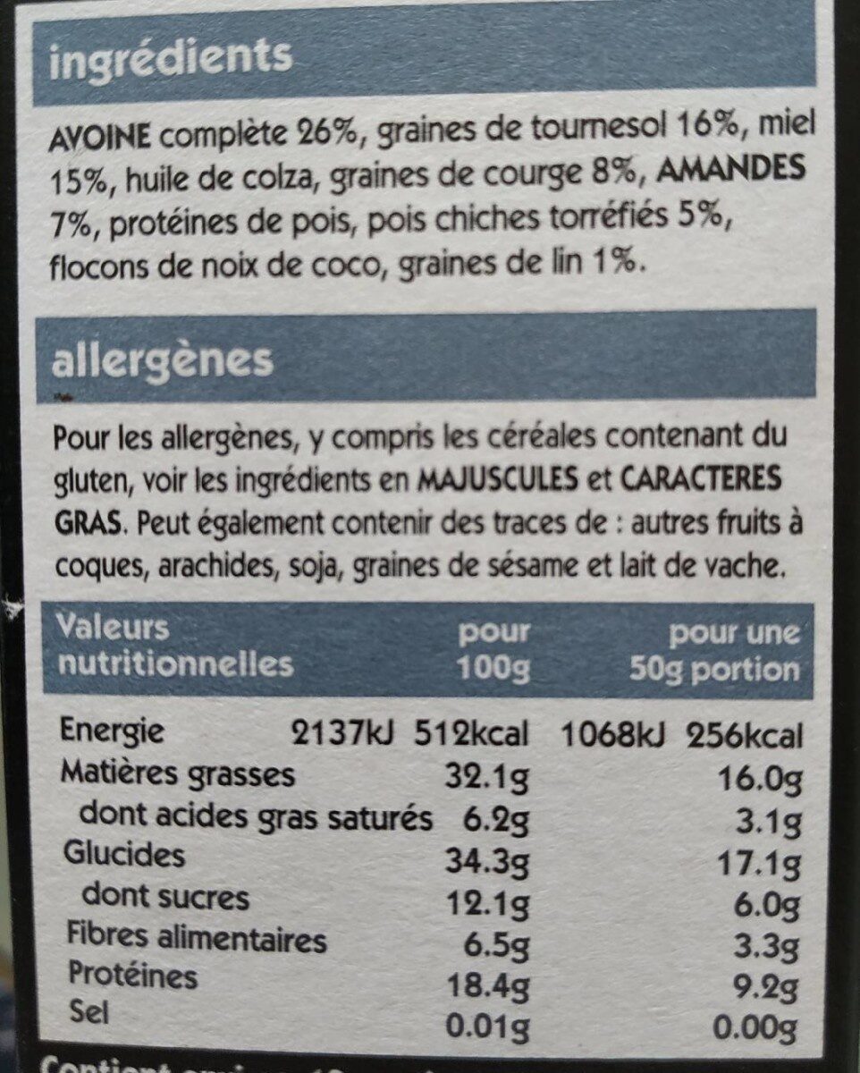 Super Granola Graines de Tournseol, Miel & Amandes - Nutrition facts
