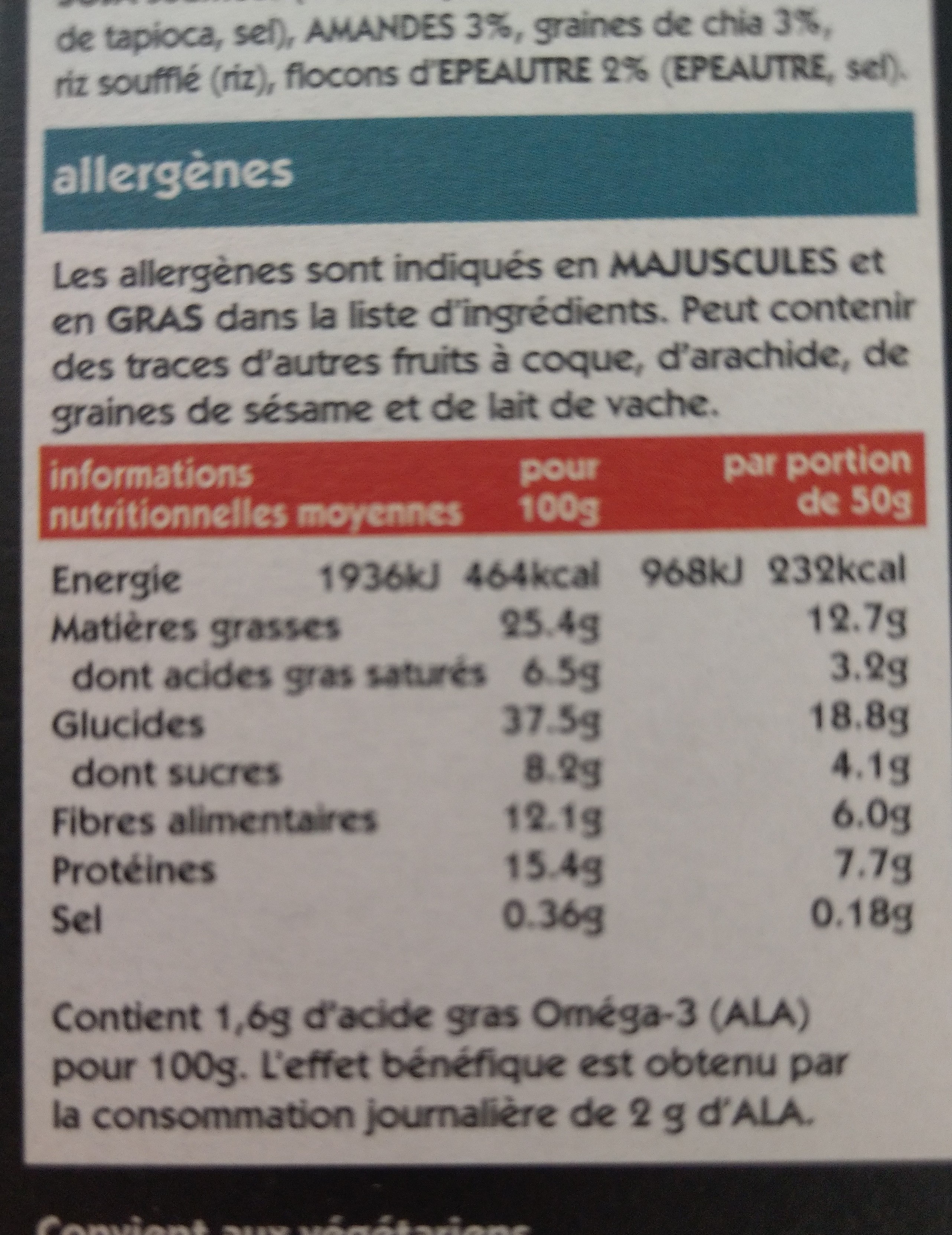 Granola avoine, cacao et noix de coco - Tableau nutritionnel