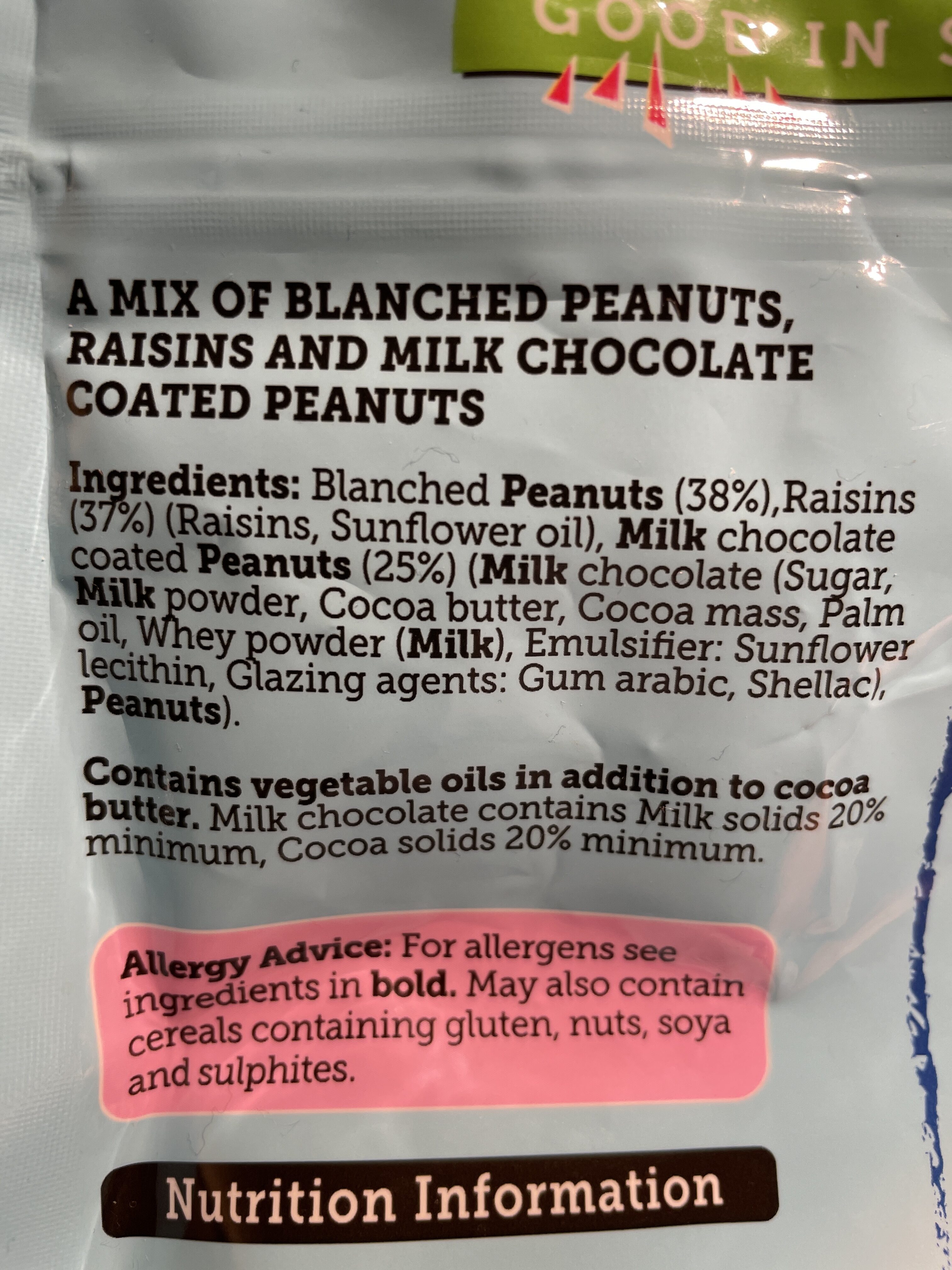 Chocolate Peanut & Rasin Mix - Ingredients