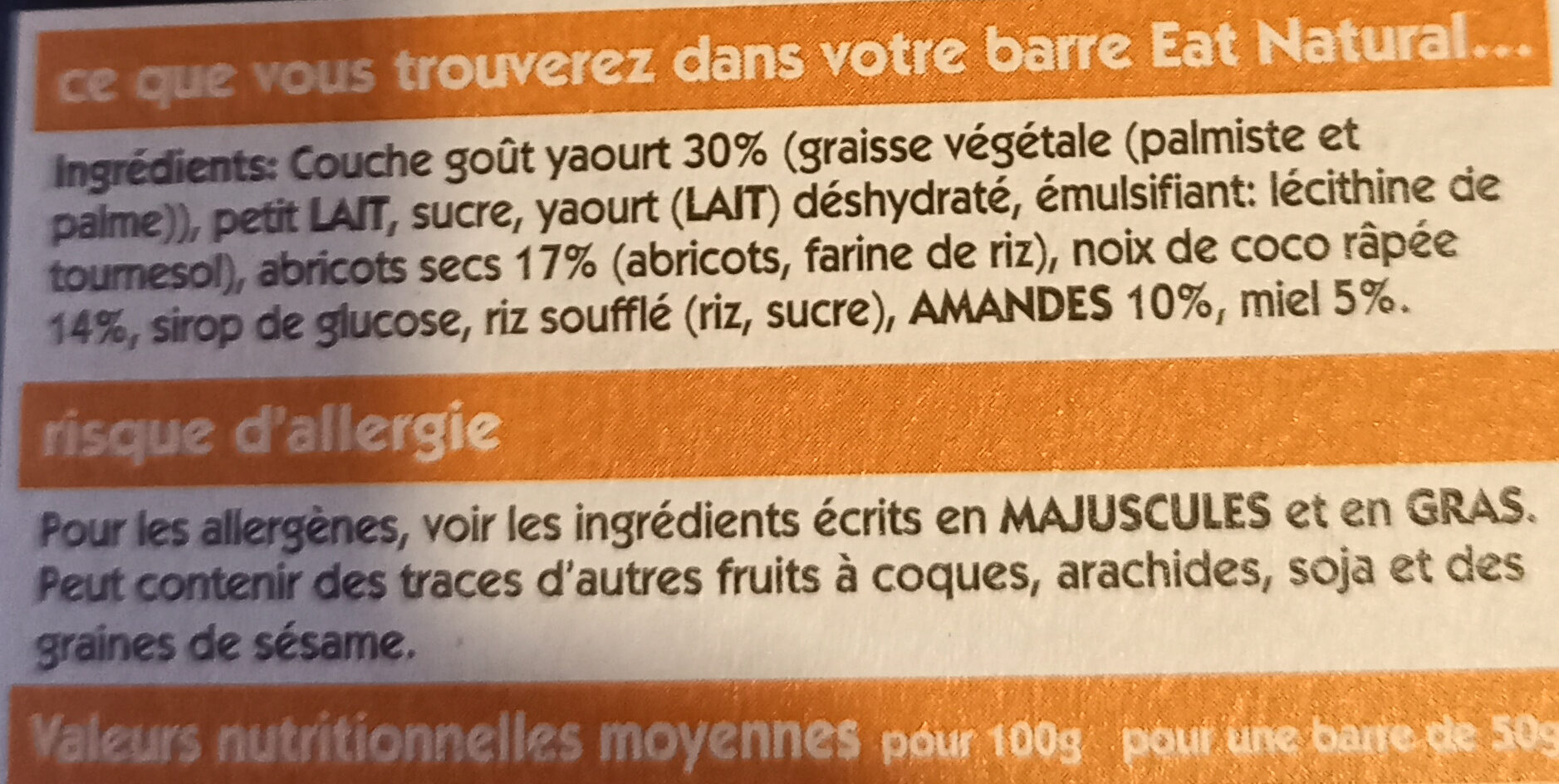 Barres enrobées aux fruits secs amande et abricot - Ingrédients