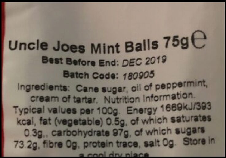 Mint Balls - Nutrition facts