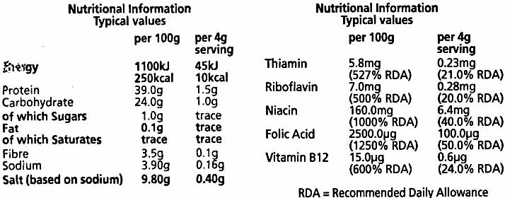 Marmite yeast extract - Información nutricional