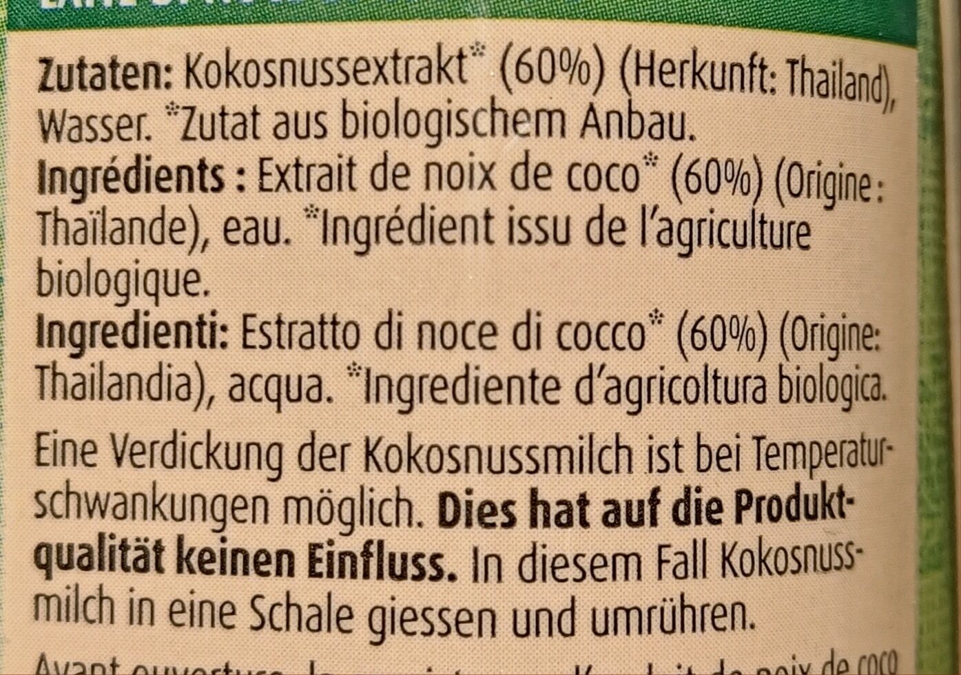 Kokosnussmilch Bio - Zutaten - fr