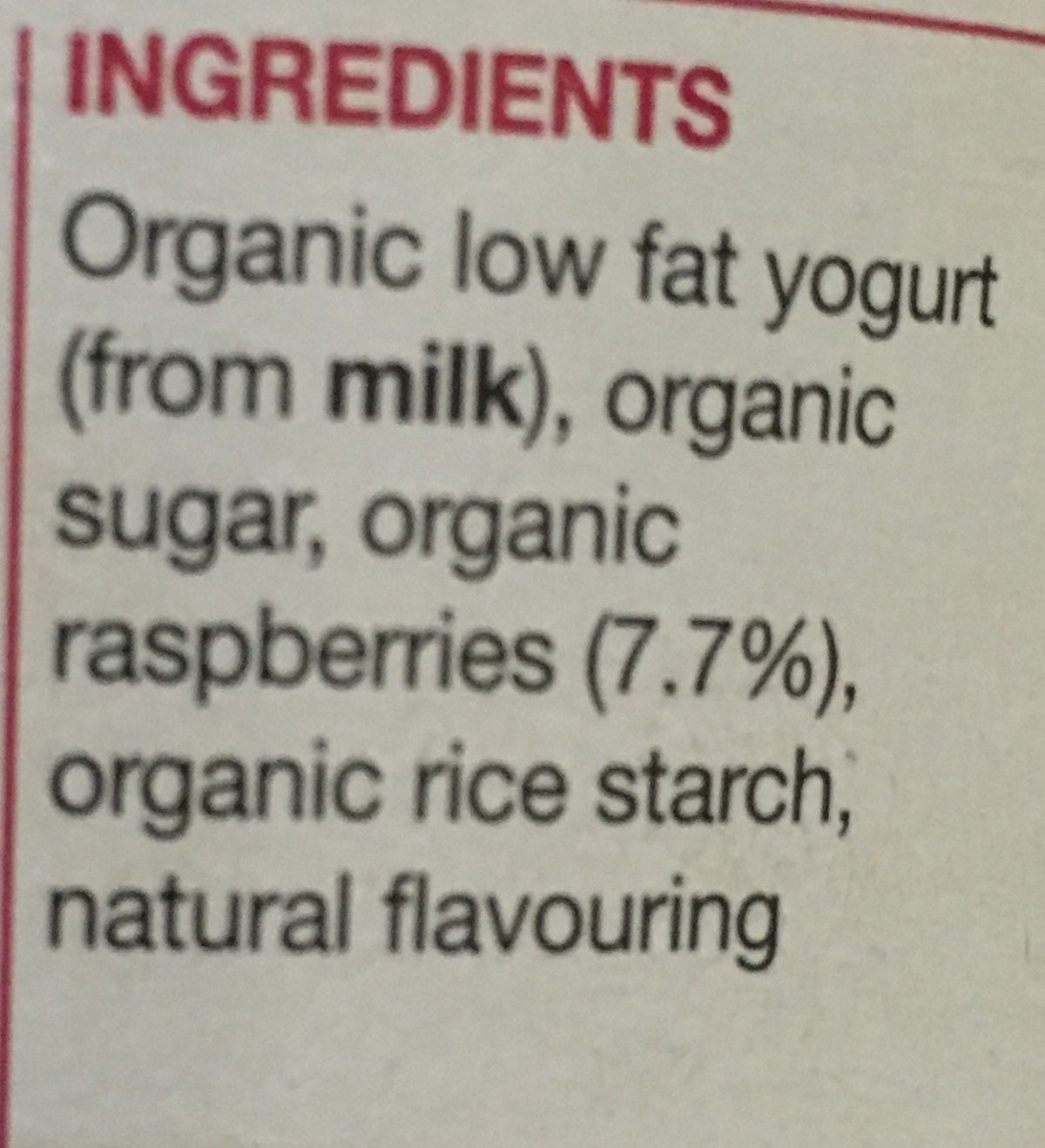 Rachel's Organic Low Fat Raspeberry Yogurt - Ingredients