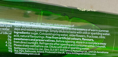 Bottle of Green Cordial (Handpicked Elderflower) - Ingredients