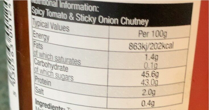 Spicy Tomato & Sticky Onion Chutney - Nutrition facts