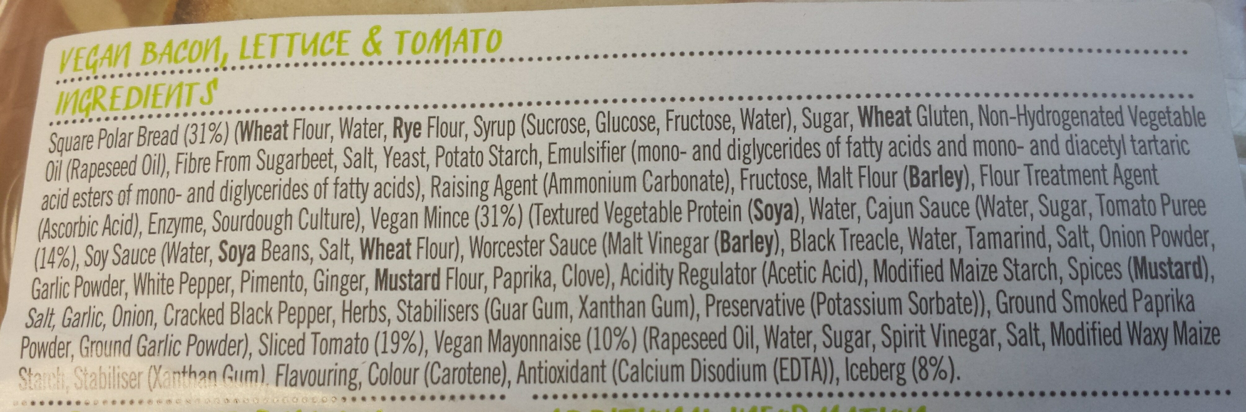 The VLT - Vegan Bacon, lettuce and tomato - Ingredients