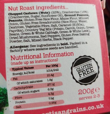 Cashew not & cranberry nut roast - Nutrition facts