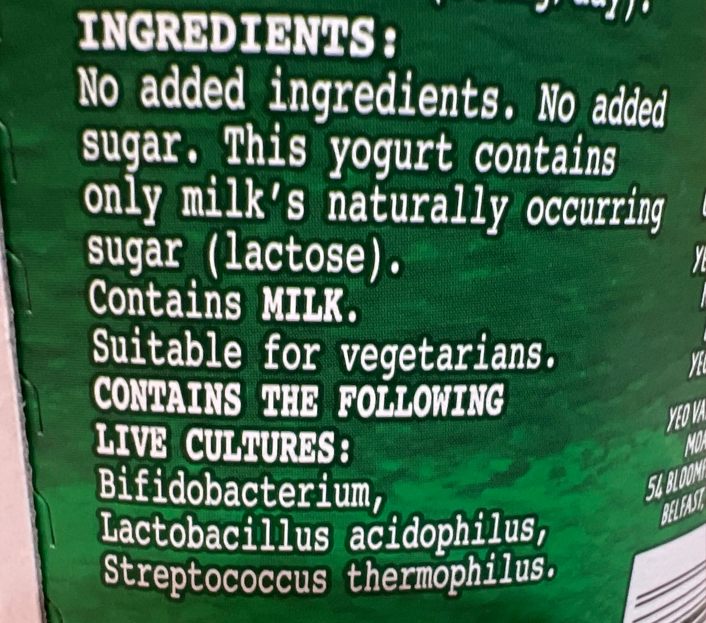 Organic Natural Yoghurt - Ingredients