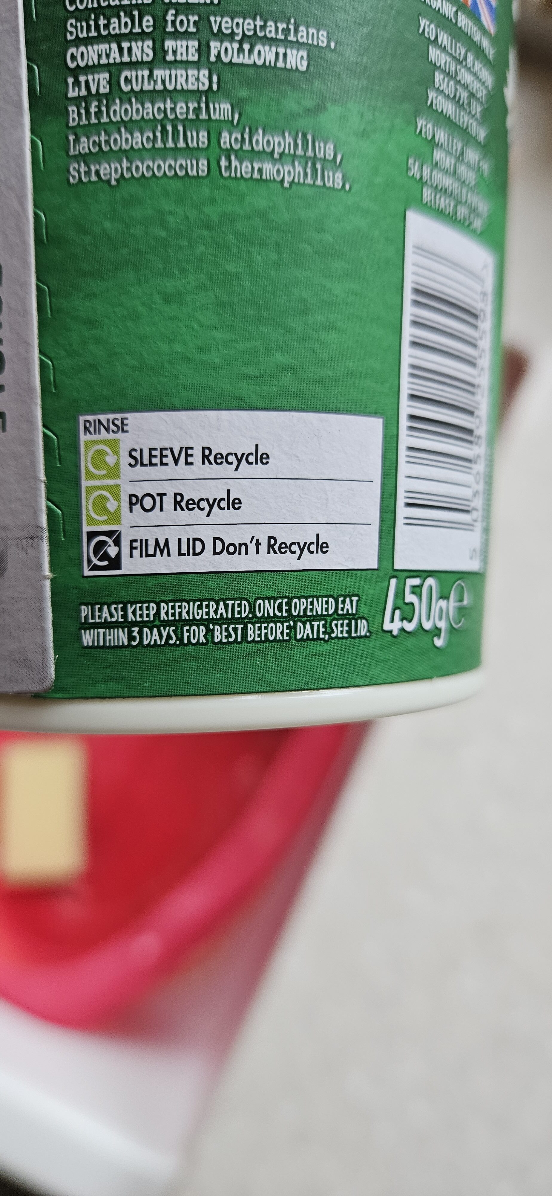 Organic Natural Yoghurt - Recycling instructions and/or packaging information