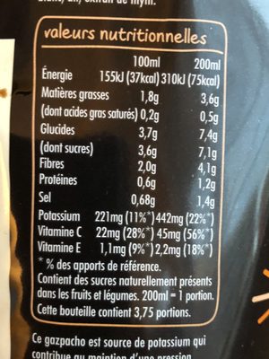 Gazpacho Orange - Tableau nutritionnel