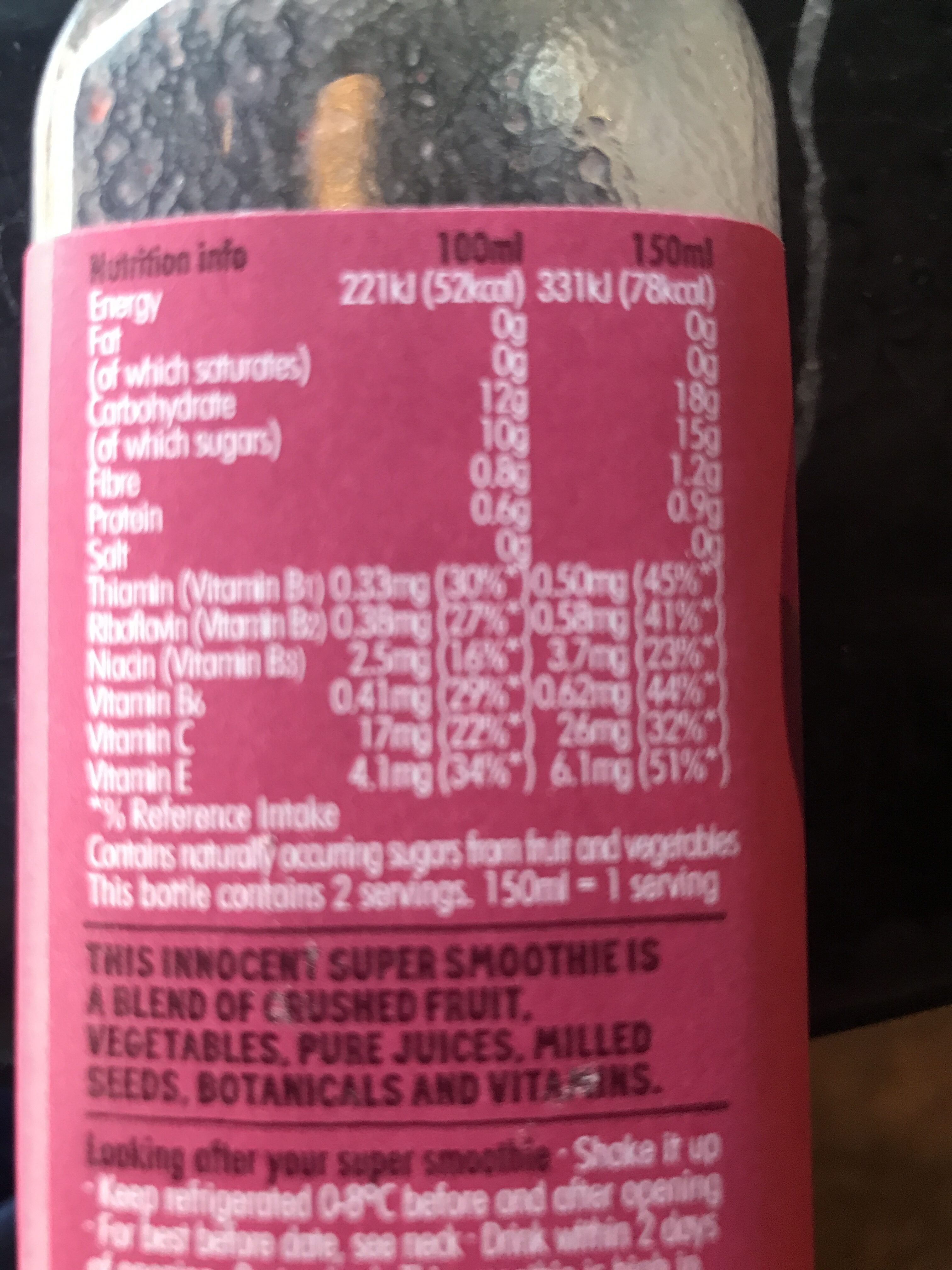 Energise Super smoothie - Nutrition facts