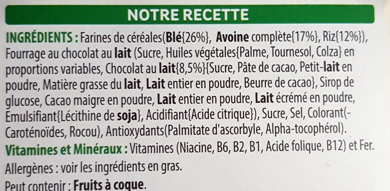 Céréales Trésor Kellogg's Chocolat Lait - 1kg - Ingredientes - fr