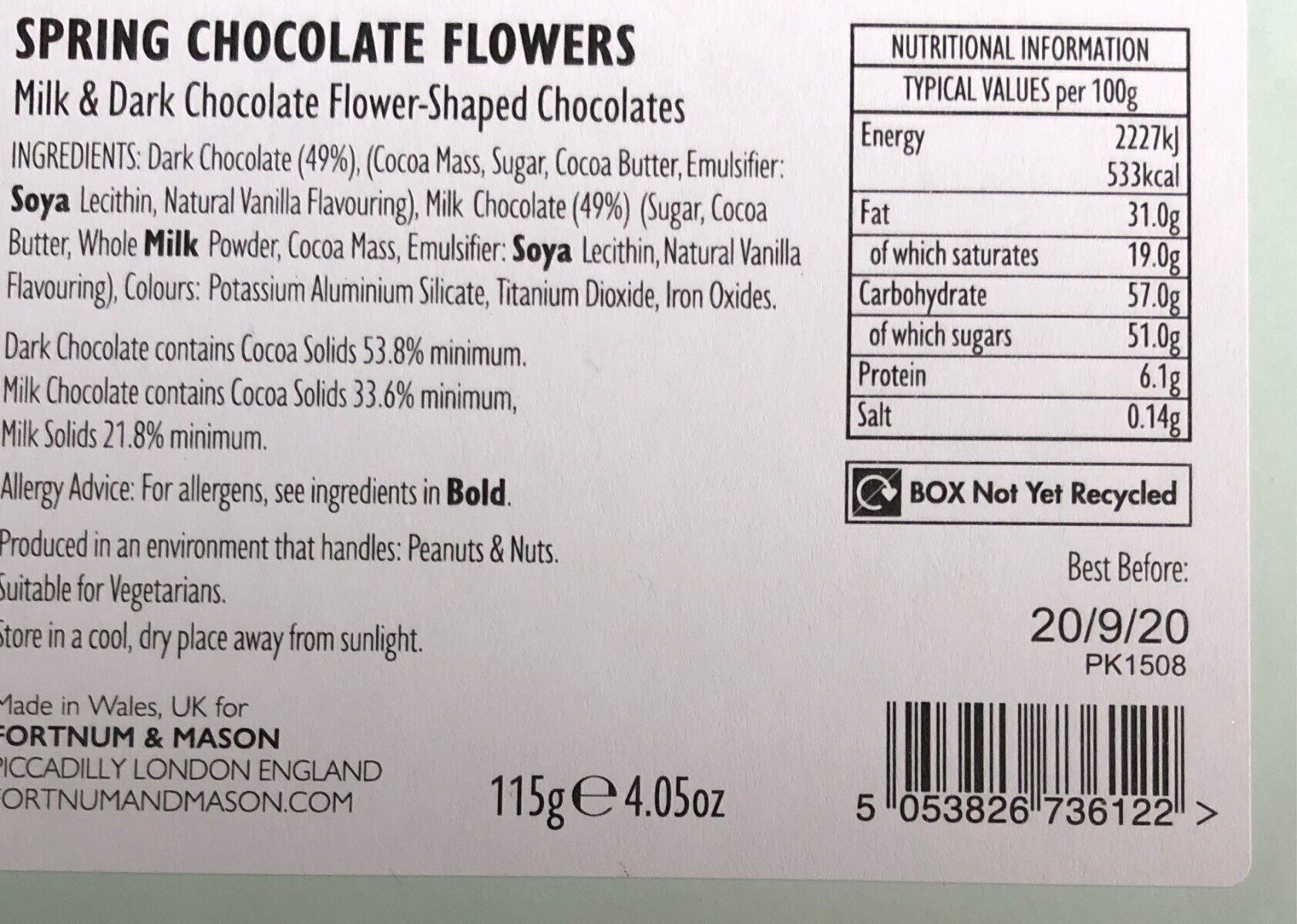 Spring chocolate flowers - Nutrition facts - fr