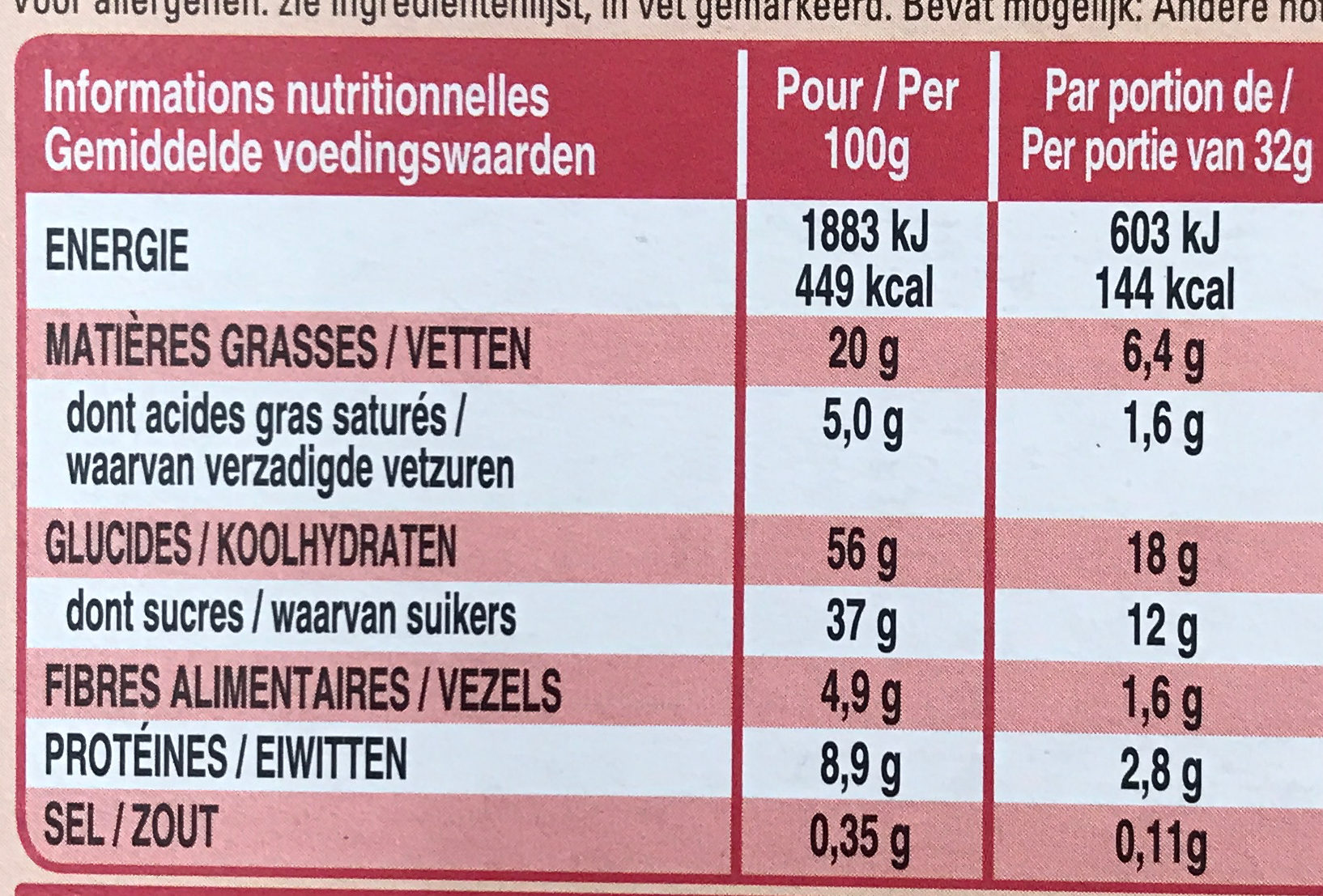 Barres Céréales Extra Kellogg's Fruits Rouges Amandes - 4x32g - Nutrition facts - fr