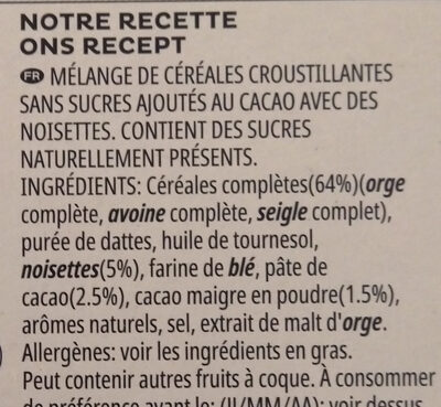 Céréales Extra Sans Sucres Ajoutés Kellogg's Cacao & Noisettes - Ingrediënten - fr