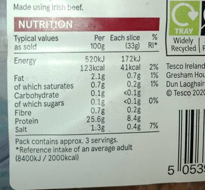 Irish roast beef slices - Nutrition facts