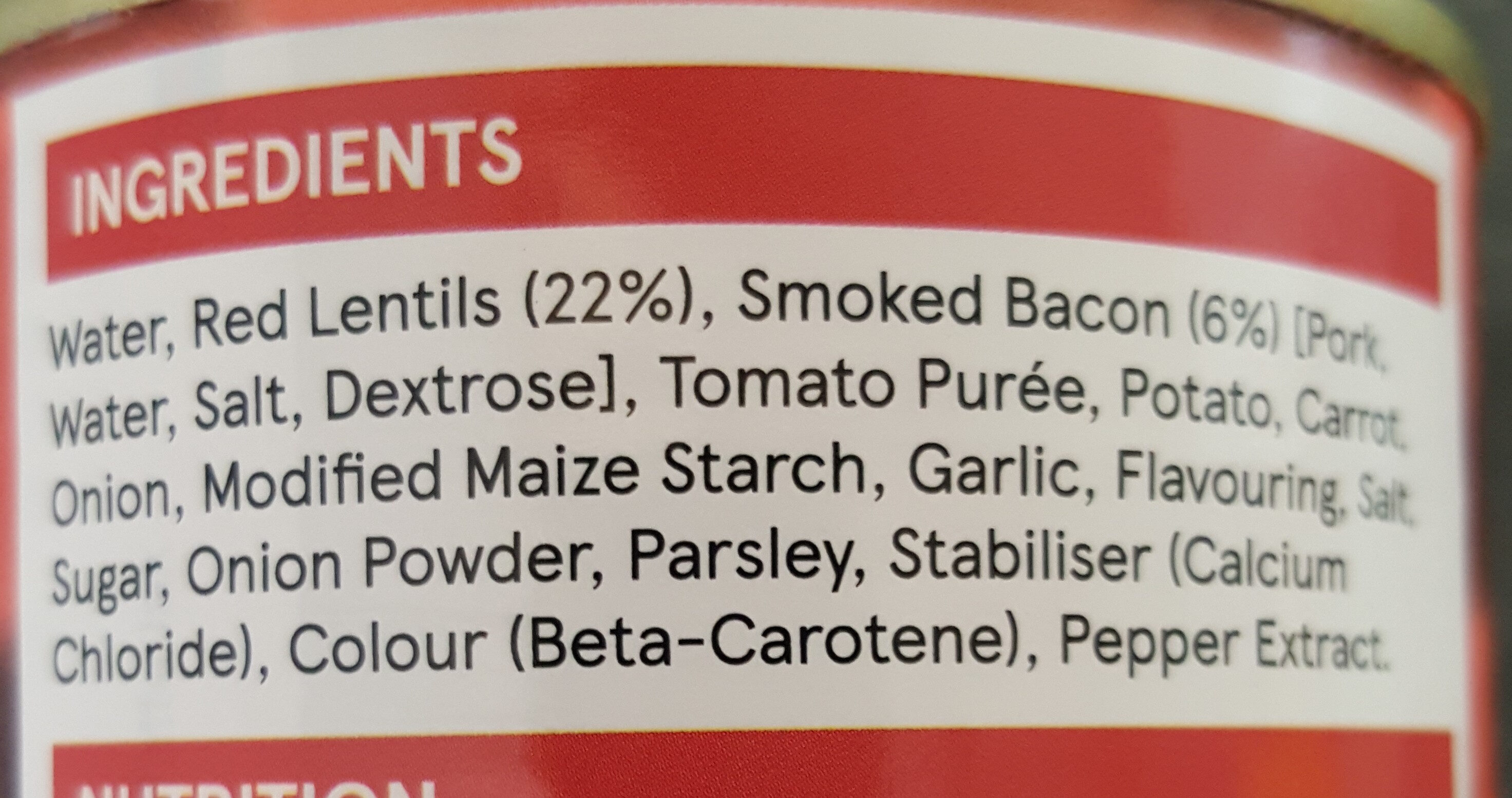 Tesco lentil & bacon soup - Ingrediënten - en