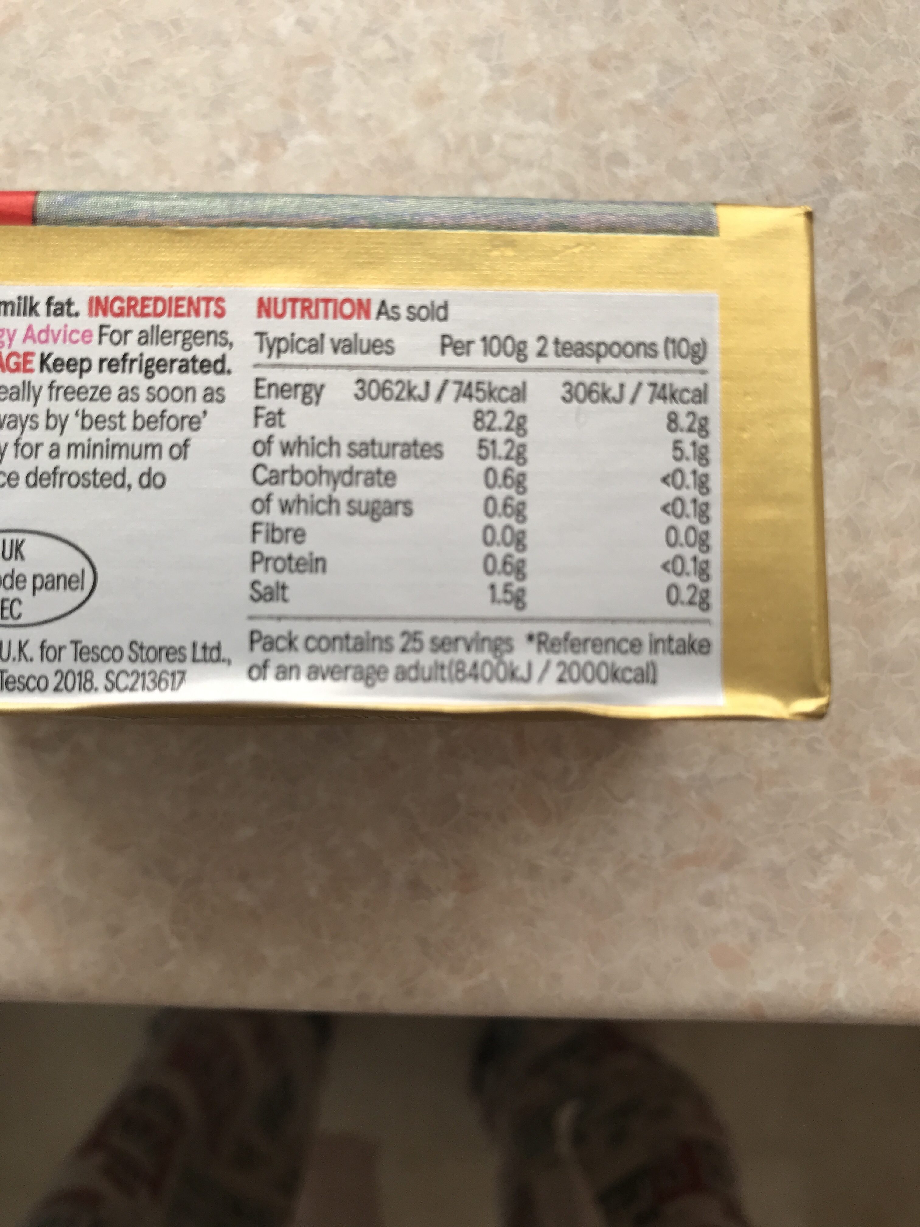 Tesco British Salted Block Butter - Nutrition facts