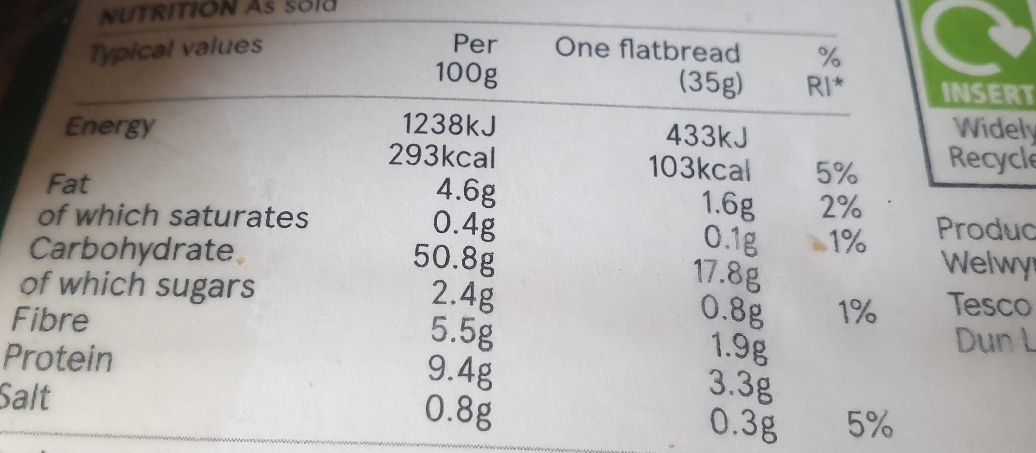 Malted Grain And Rye Folded Flatbread - حقائق غذائية - en