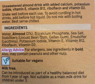 Unsweetened Almond Milk Alternative - Ingredients