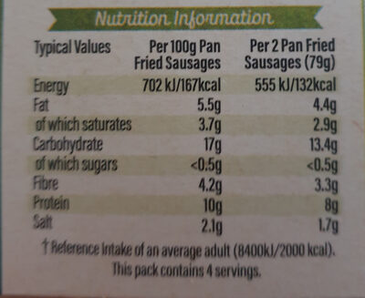 8 Meat Free Sausages - Nutrition facts