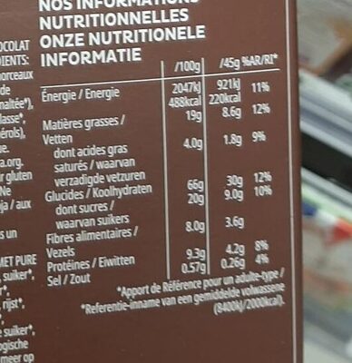 Kellogg's Extra Bio Chocolat noir - Tableau nutritionnel