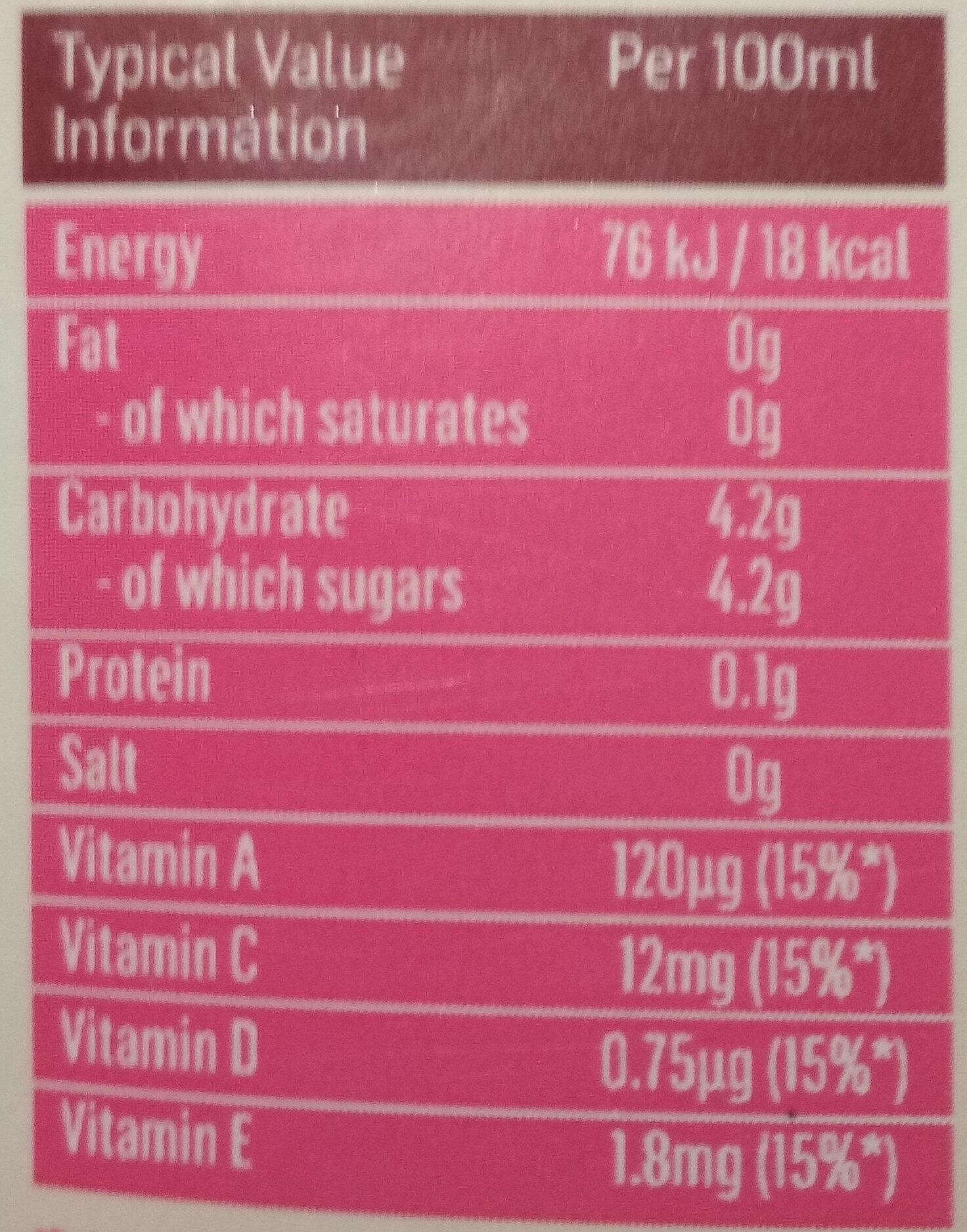 PomeGreat Pomegranate Juice Drink with Sweetener 1 Litre - Nutrition facts
