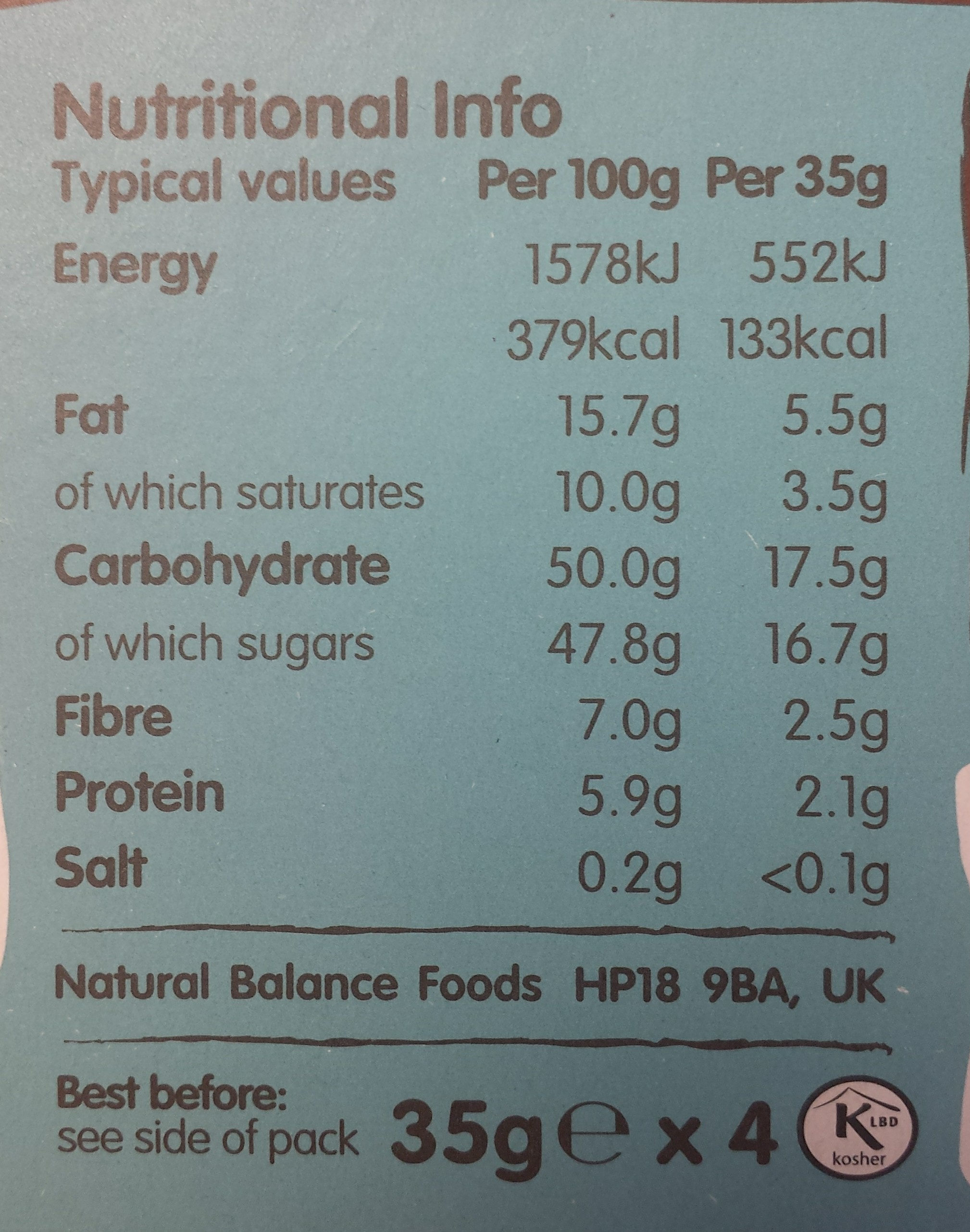 Cocoa Coconut Fruit & Nut Bars 4 x - Nutrition facts