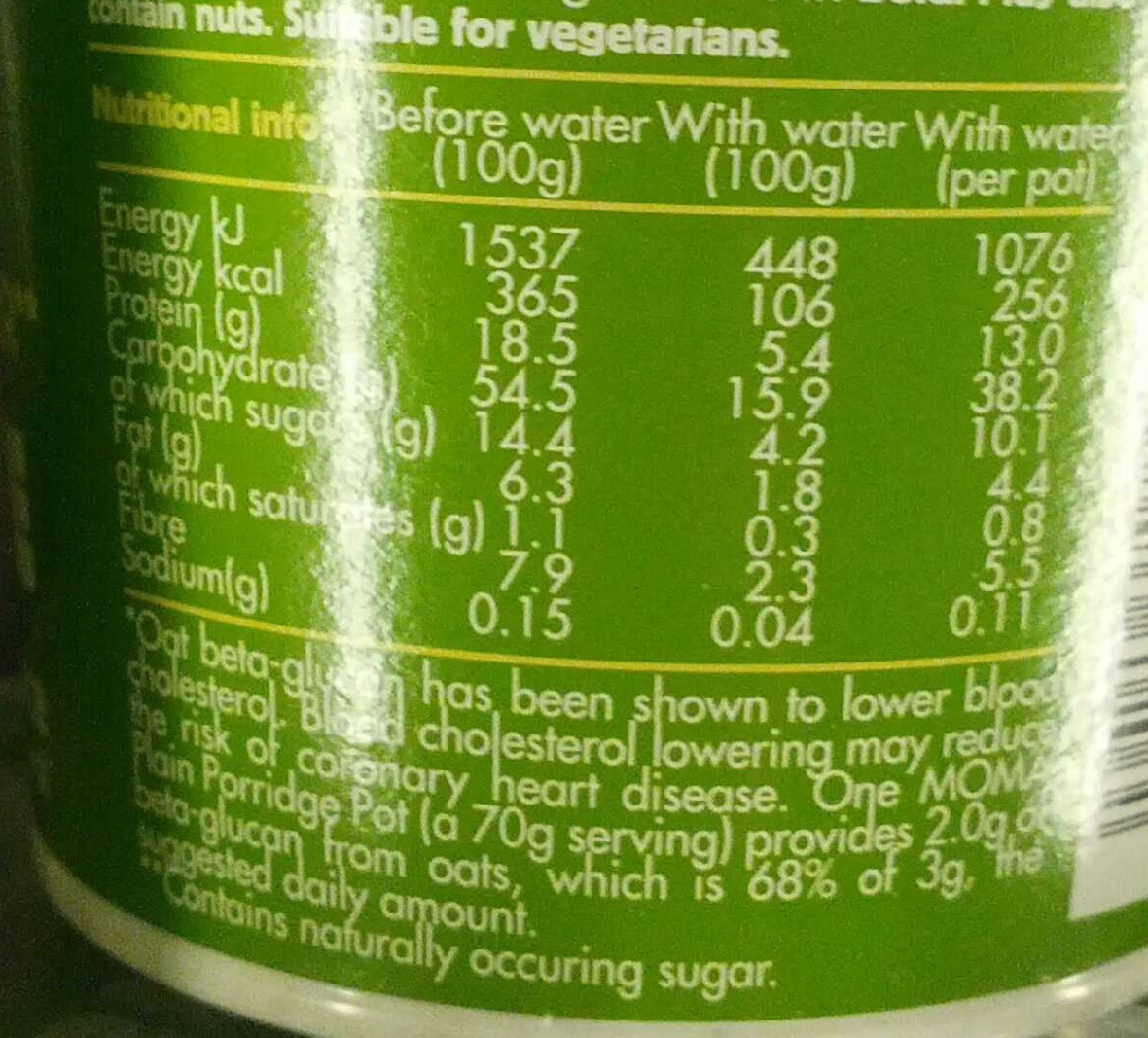 Moma Plain No Added Sugar Porridge - Nutrition facts