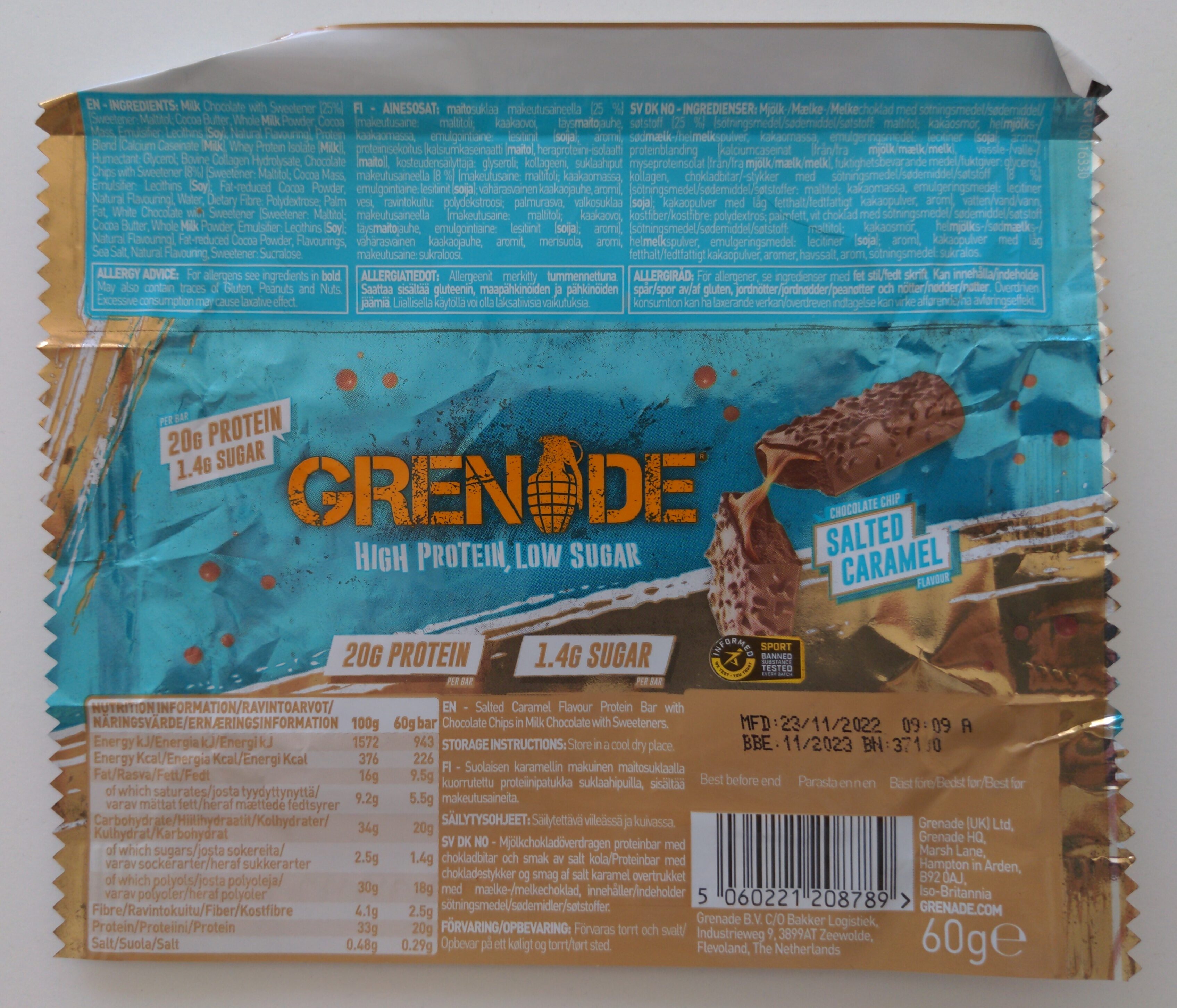 Grenade Chocolate Chip Salted Caramel Flavour - Ingrédients - fi