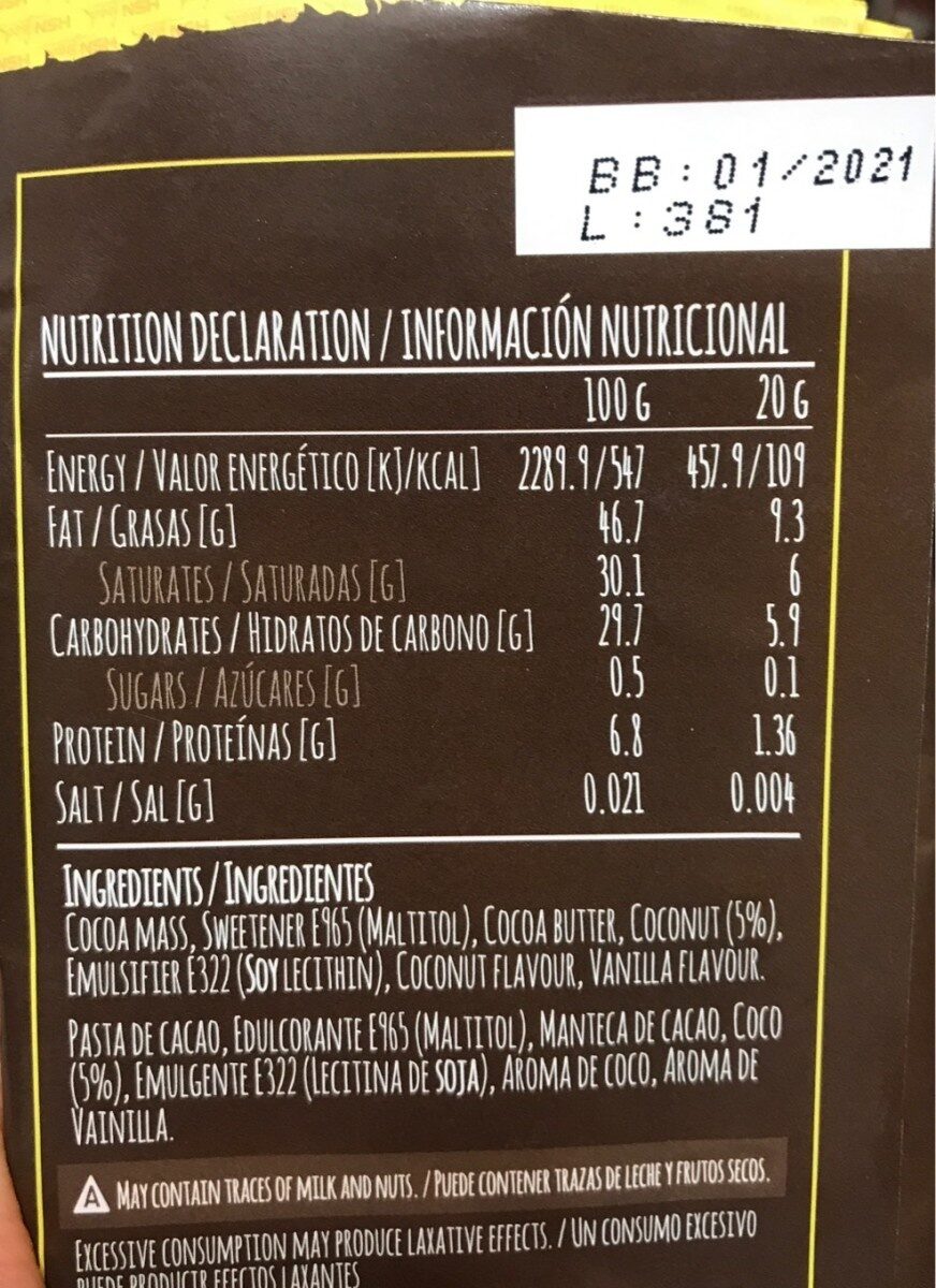 Dark choco with coco 72% - Informació nutricional - es