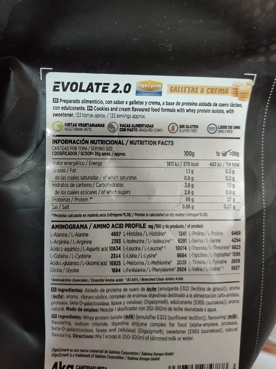 Evolate 2.0 Cookies & Cream - Nutrition facts - es