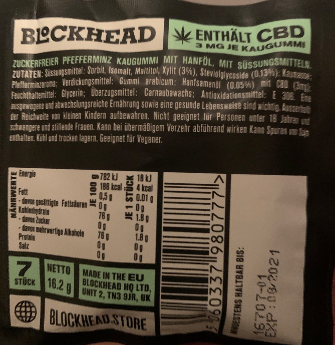 Blockhead cbd - Tableau nutritionnel