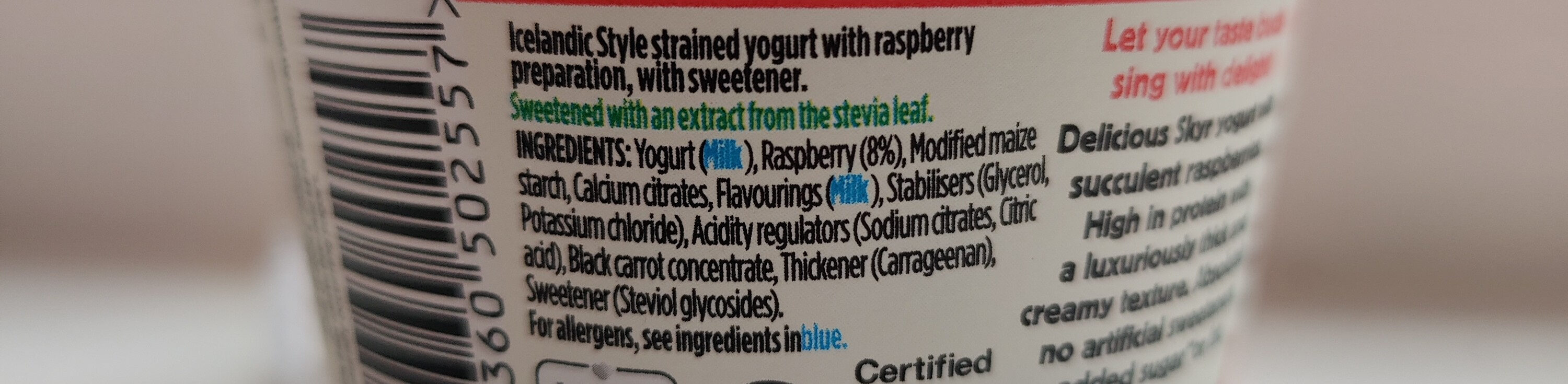 Light & Free Skyr Yogurt - Raspberry - Ingrediënten - en