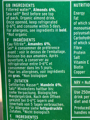 Organic & unsweetened Almond - Ingredients