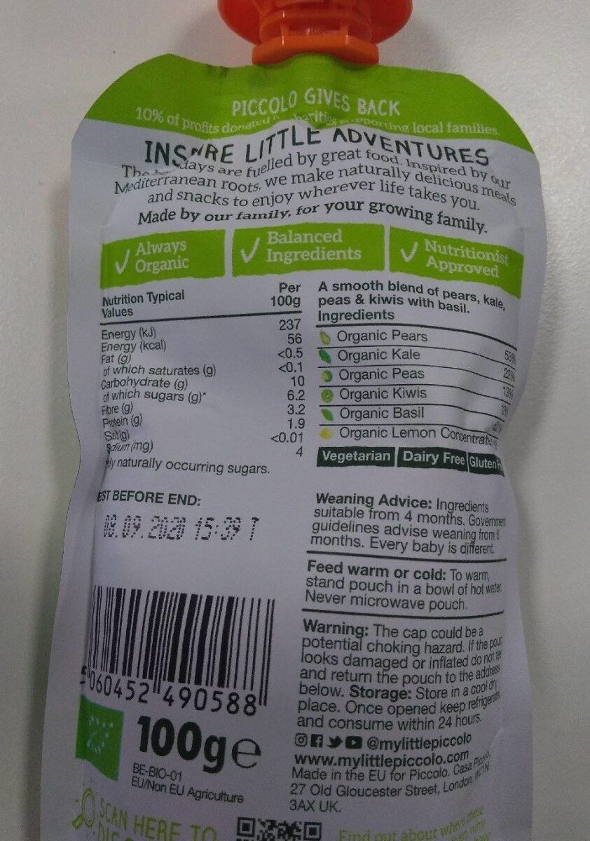 Piccolo Organic - pear kale pea & kiwi - Nutrition facts