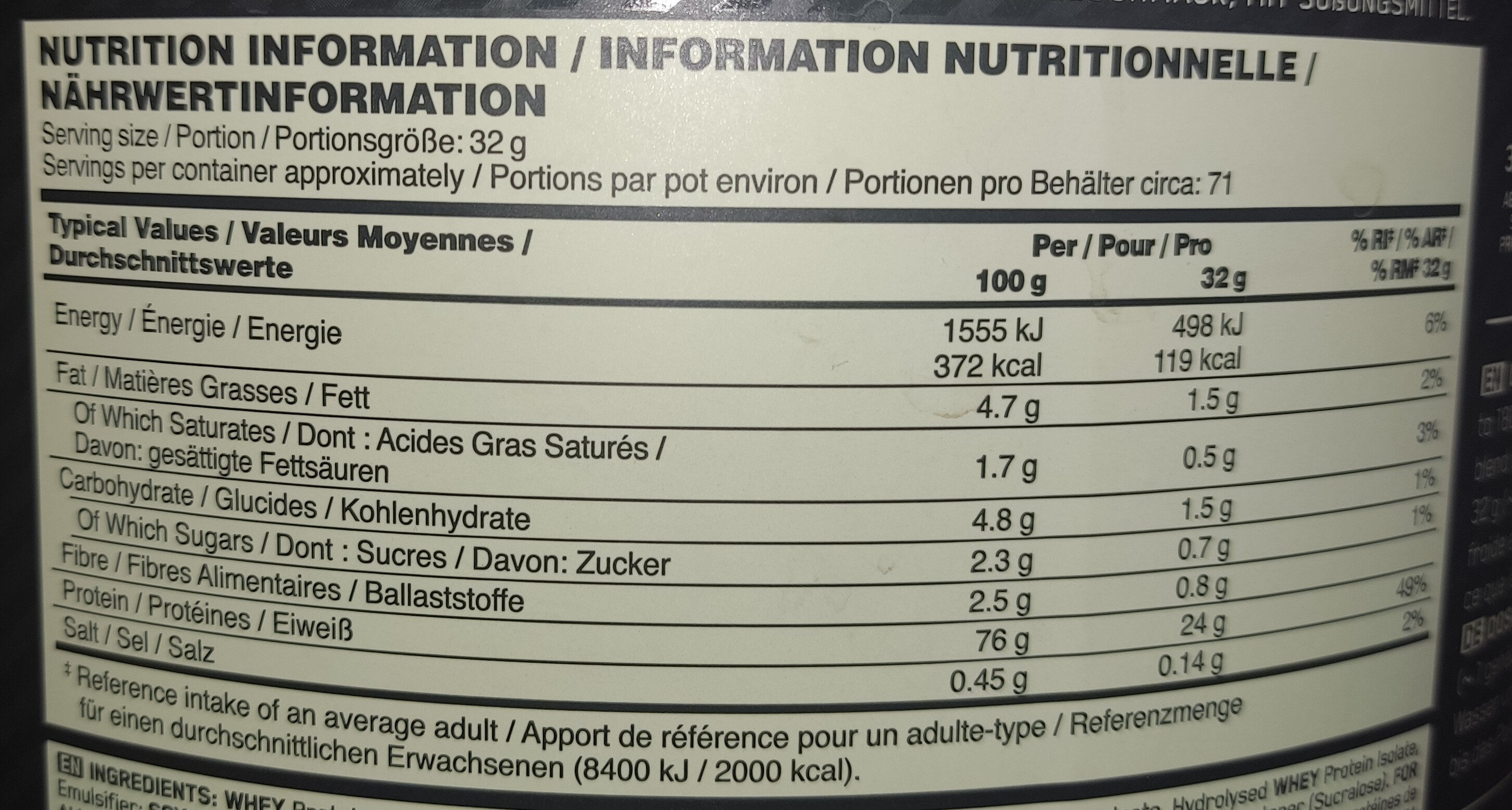 Proteina Optimum Nutrition Whey Gold Standard - Información nutricional - en