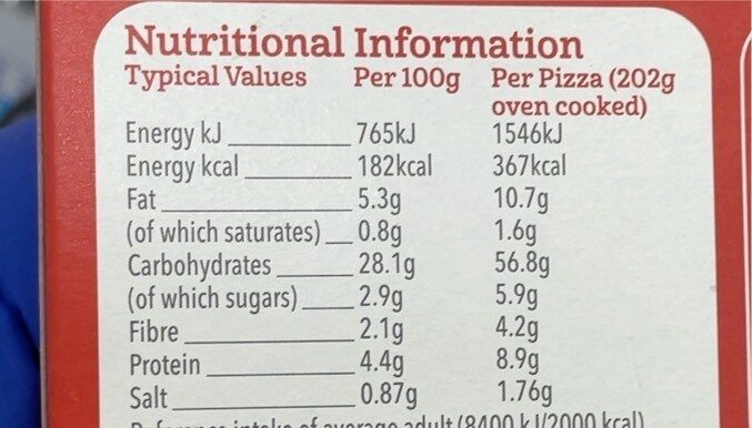 kirstys chicken and piquant pizza - Nutrition facts