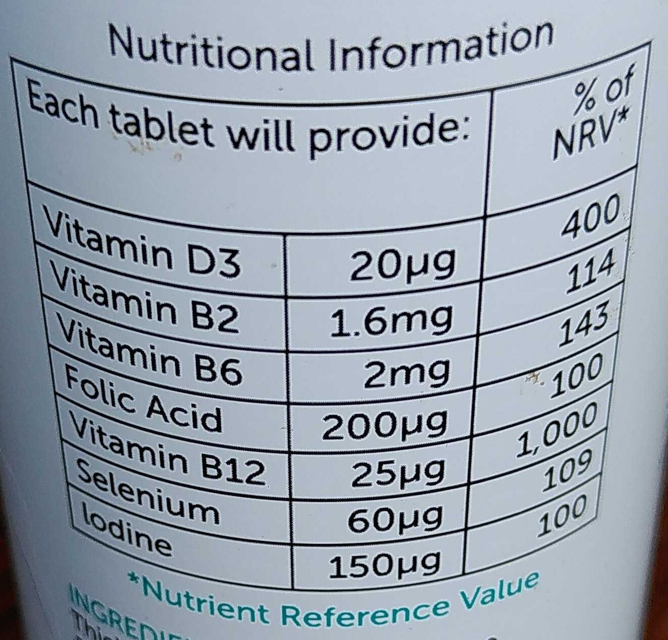 Veg1 - Nutrition facts