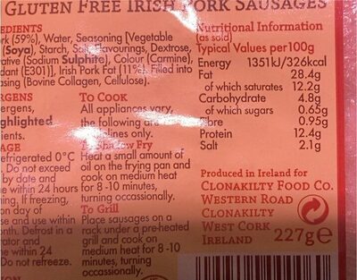 Gluten free sausages - Nutrition facts