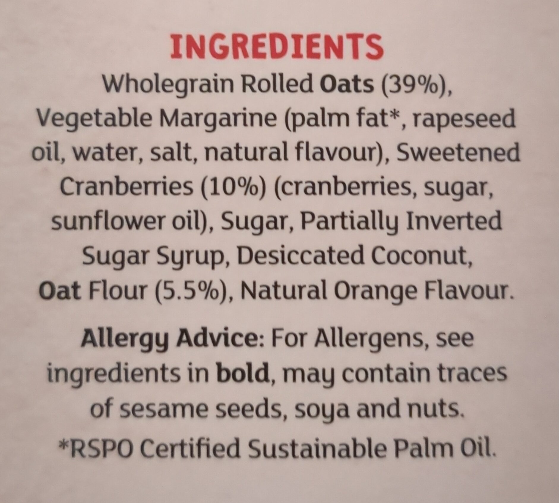 Irish oaty flapjacks cranberry & orange - Ingredients