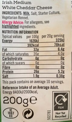 Medium White Irish Cheddar - Nutrition facts