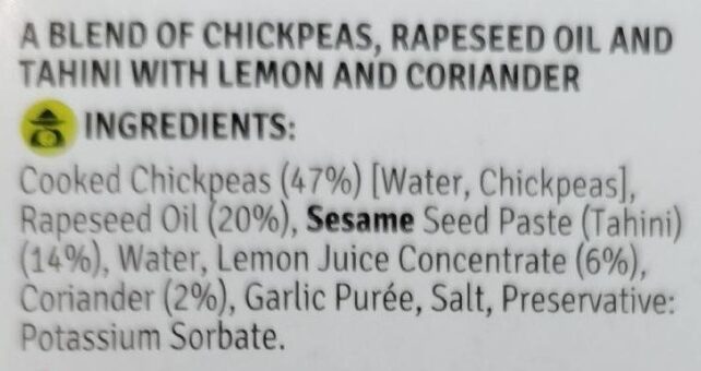 Houmous with Lemon & Coriander - Ingredients