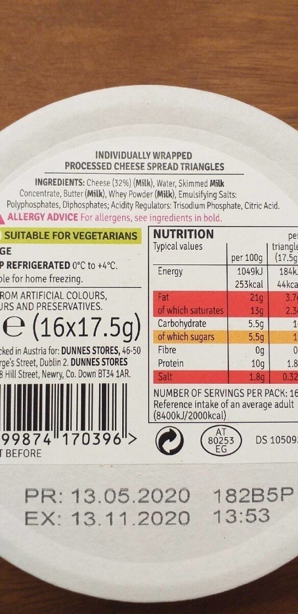 Cheese triangles - Nutrition facts