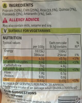 Multigrain salted corn cake thins - Nutrition facts